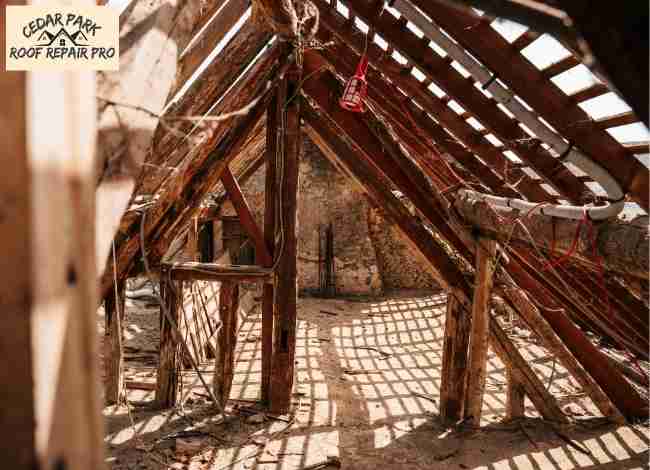 Exposed attic framing showing poor ventilation issues